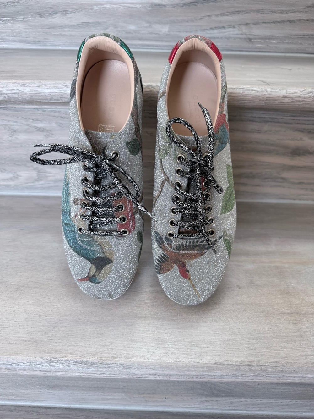 Gucci Silver Glitter Lace-Up Sneakers with Floral & Bird Motif